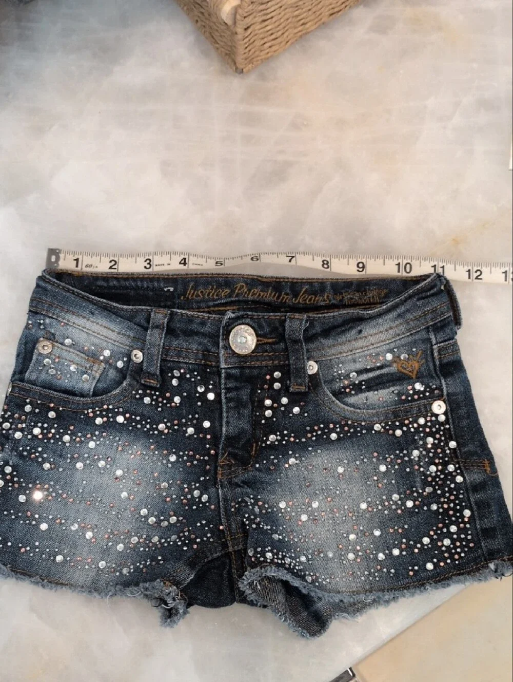 Justice Dark Wash Denim Jean Shorts with Rhinestone Accents